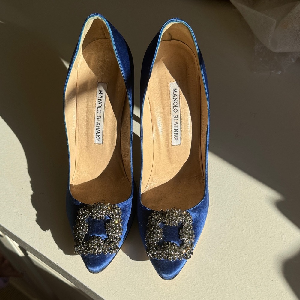 Manolo Blahnik Hangisi 105mm Royal Blue Heels with Embellished Buckle